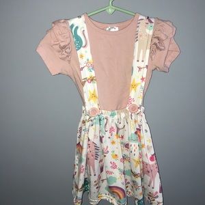 Dusty rose unicorn suspender skirt set